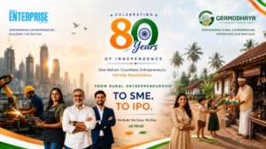 Celebrating 80 Years of Independence graphic: from rural entrepreneurship to SME to IPO, showing Indian factory workers, entrepreneurs and rural artisans
